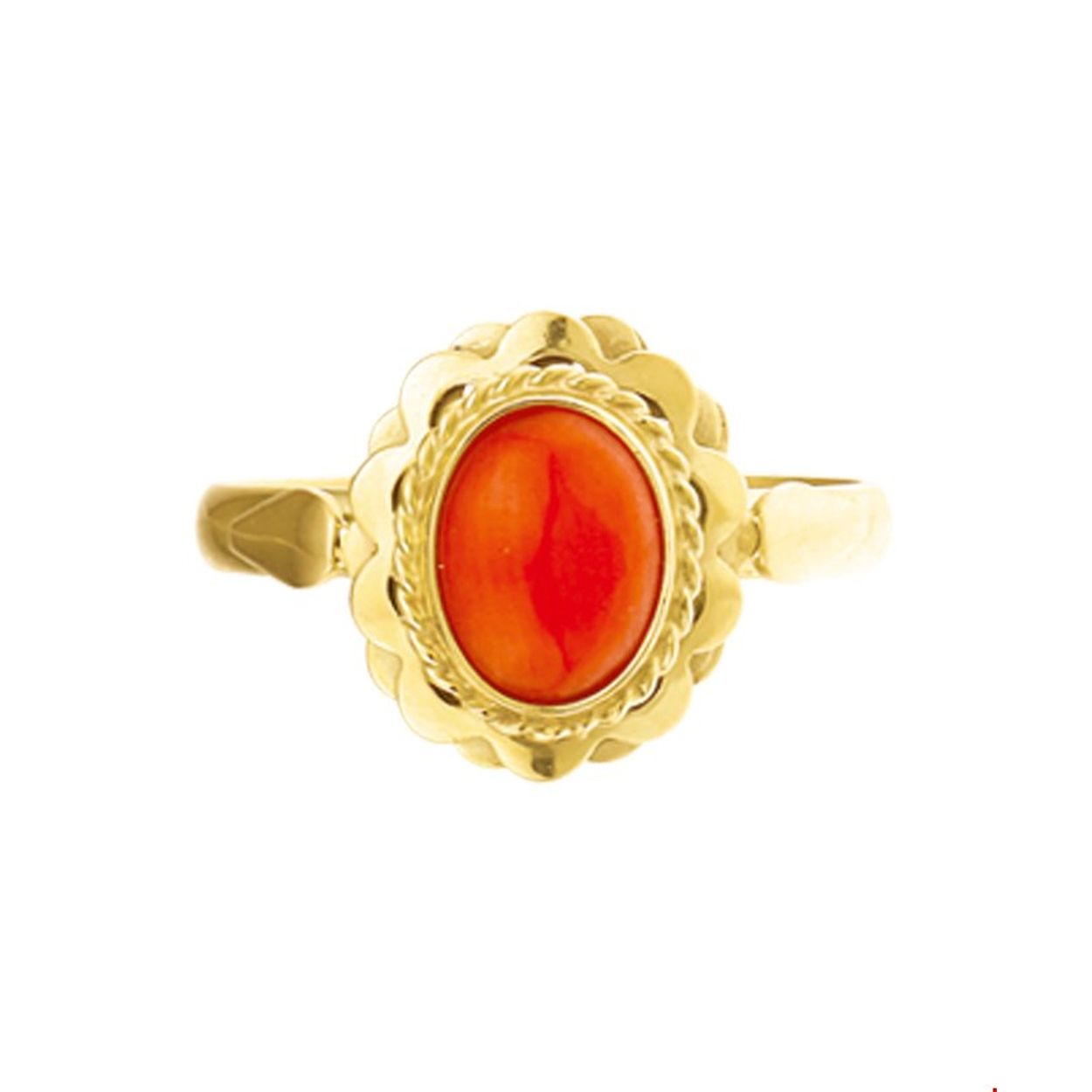 Beschrijving: Geelgouden ring met bloedkoraal. 
Uniekenummer serie: 26824
Verpakt per: 1
Doelgroep: dames
Ringmaat: 17.50 mm (55)
Breedte: 12.5 mm
