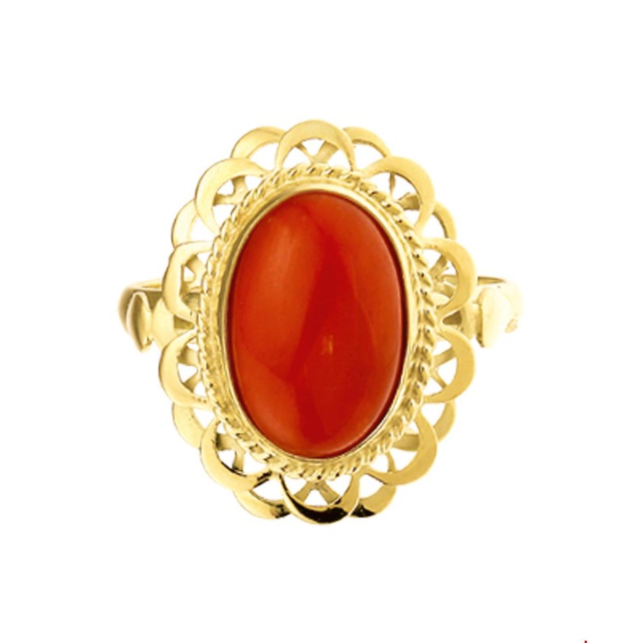 Deze klassieker is weer helemaal terug  van weggeweest. Welke vintage liefhebber wordt nu niet verliefd op zo'n mooie bloedkoraal ring. de ring heeft een mooie geschulpte rand die is open gewerkt.
Uniekenummer serie: 29941

