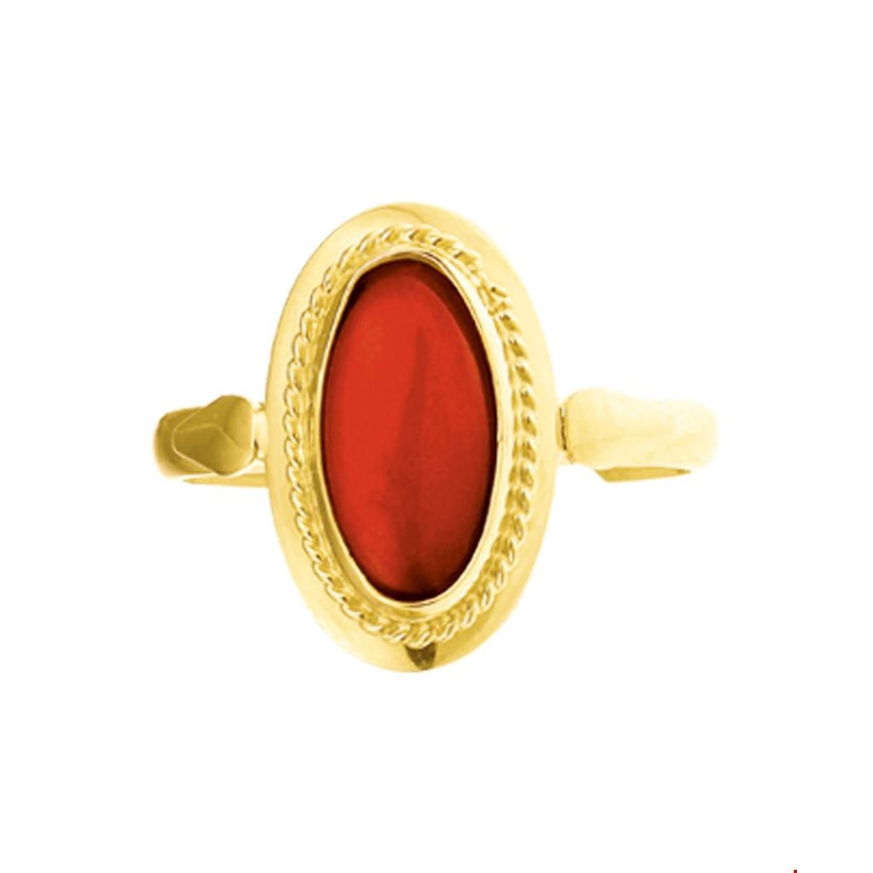 Beschrijving: Geelgouden ring met bloedkoraal. 
Doelgroep: dames
Ringmaat: 17.50 mm (55)
Breedte: 15.5 mm
