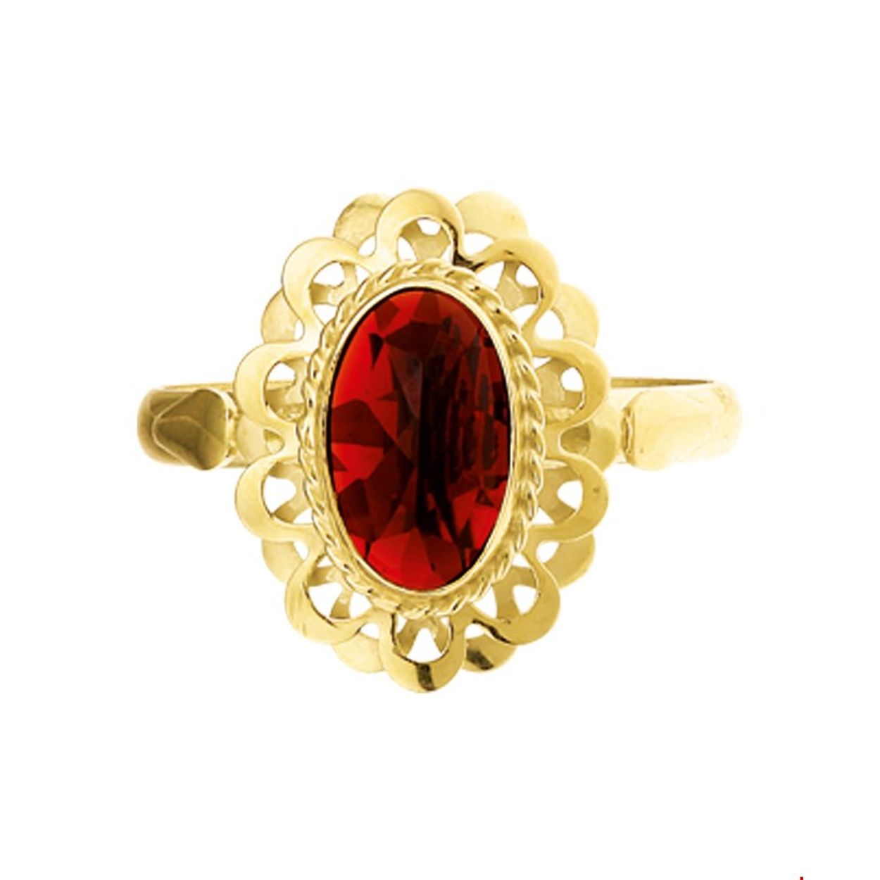 Beschrijving: Geelgouden ring met granaat. 
Uniekenummer serie: 29948
Verpakt per: 1
Doelgroep: dames
Ringmaat: 18.50 mm (58)
Breedte: 16 mm