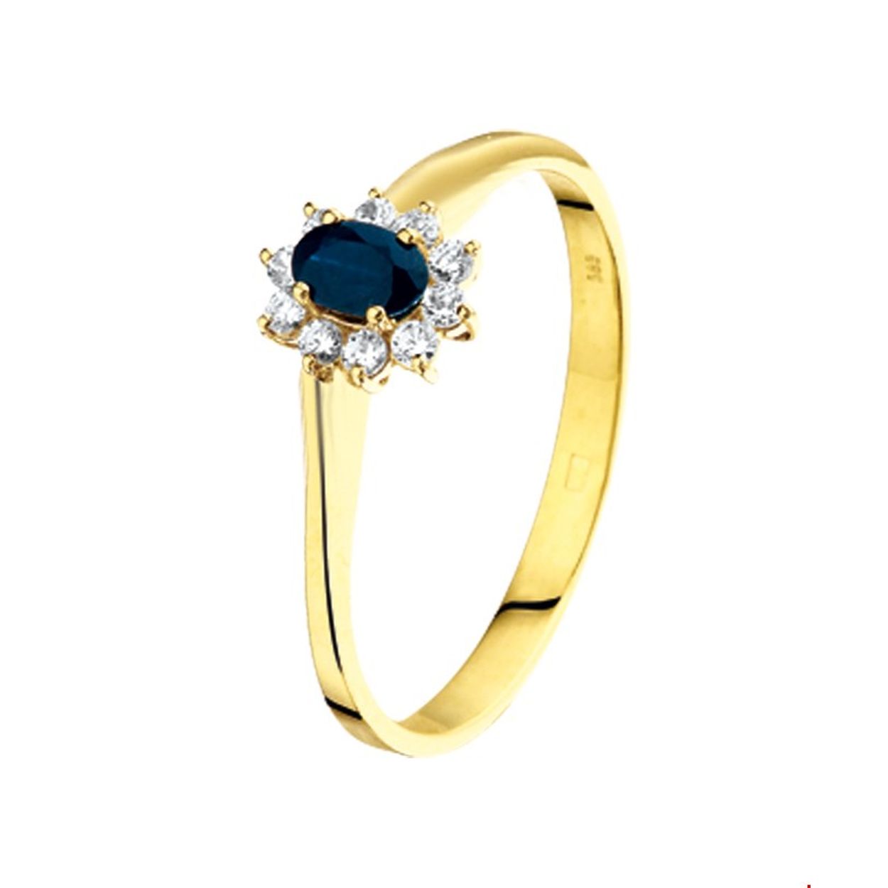 14 Karaat geel gouden entourage ring met blauw saffier en zirkonia's.