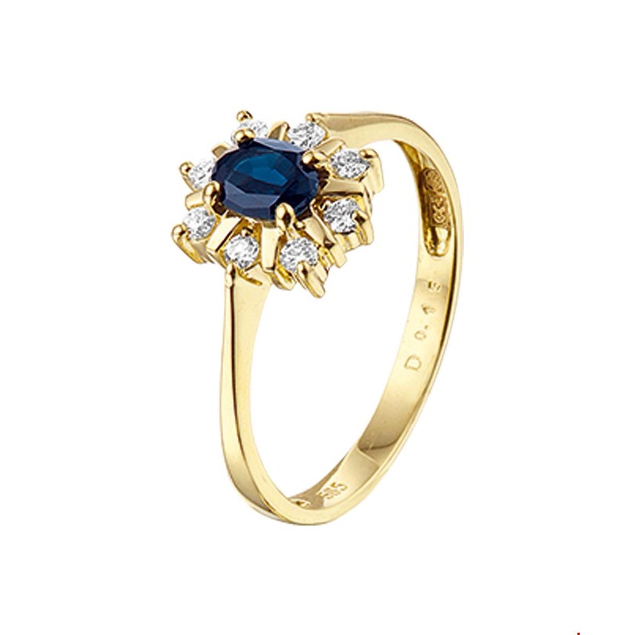 14K geelgouden dames ring in de model van de verlovingsring van prinses Kate. Saffier van 0.45ct (5x4mm) en 8 briljant gelepen diamanten H P1 van totaal 0.15ct. Ringmaat 18