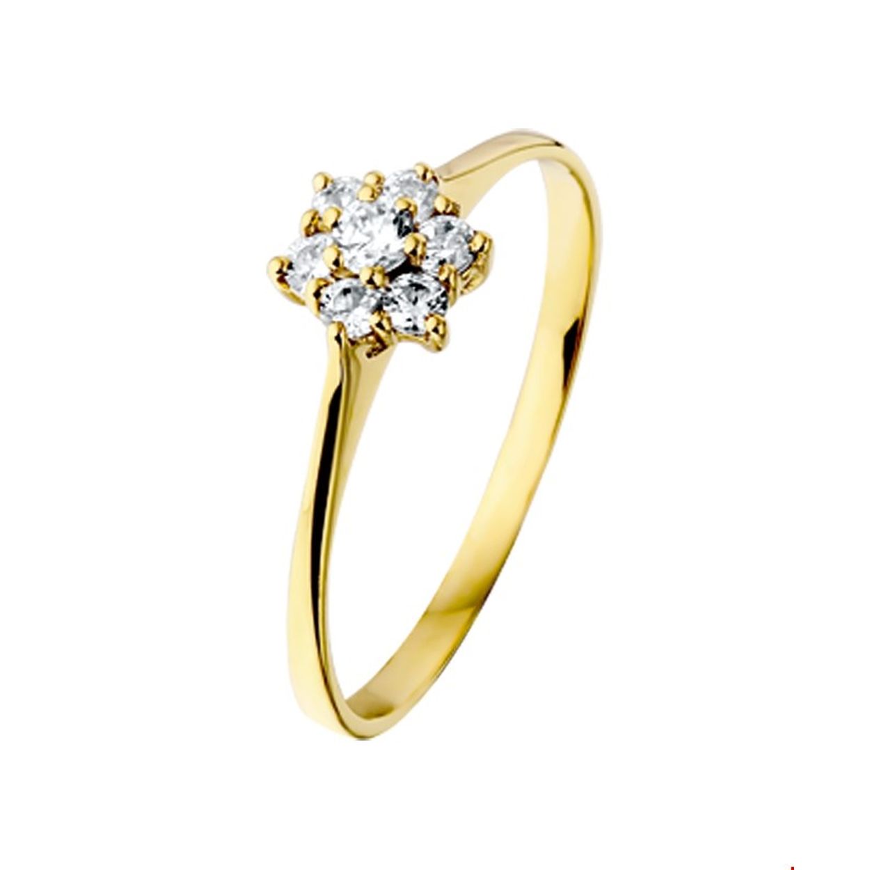 Geelgouden ring met zirkonia. 
Ringmaat: 15.00 mm (47)
Breedte: 1.6 mm
Zetting: entourage