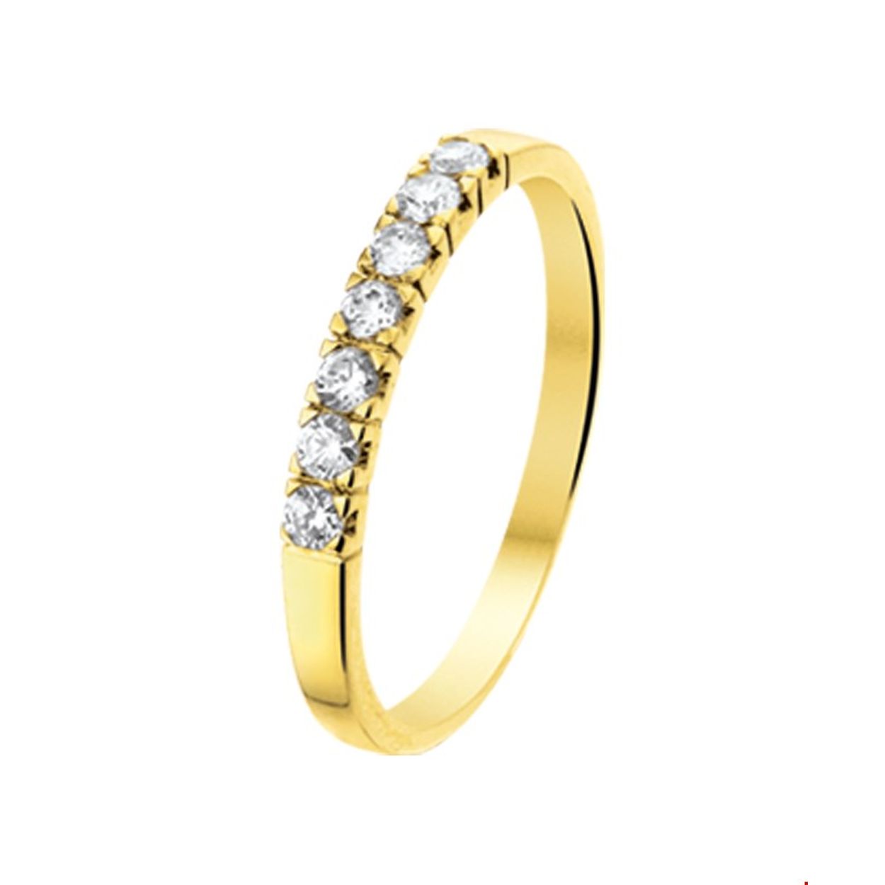 14k Geelgouden ring uitgevoerd met een schitterende zirkonia rij. De ring heeft een breedte van 2mm.