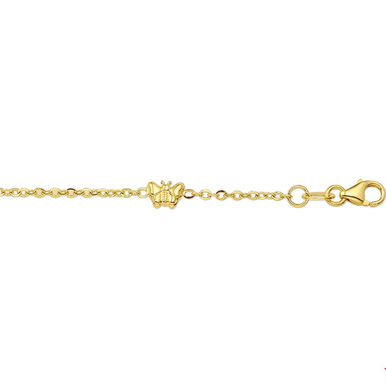 Geelgouden armband met vlinders. De lengte bedraagt 11cm met 2cm extensie. 
Doelgroep: kinderen
Breedte: 4.5 mm
Kortste lengte: 11 cm
Langste lengte: 13 cm
