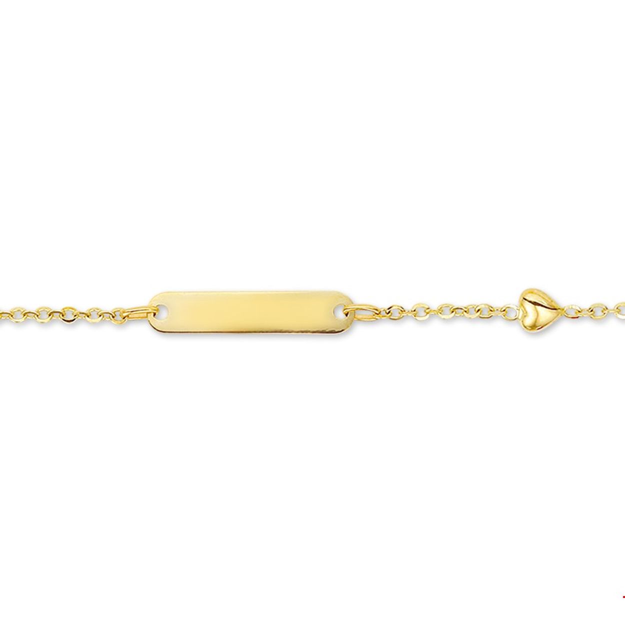 14krt geelgouden graveerarmband met een hartje. De lengte van de armband bedraagt 11cm met 2cm extensie. de afmeting van het graveerplaatje is 20x4x0.4 mm