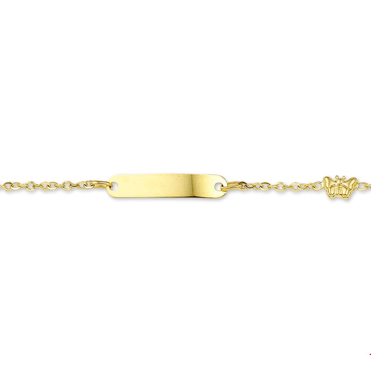 14krt geelgouden graveerarmband met ankerschakel. De lengte van de armband bedraagt 11cm met 2cm extensie. Tussen de schakels zit een lief vlindertje verwerkt.