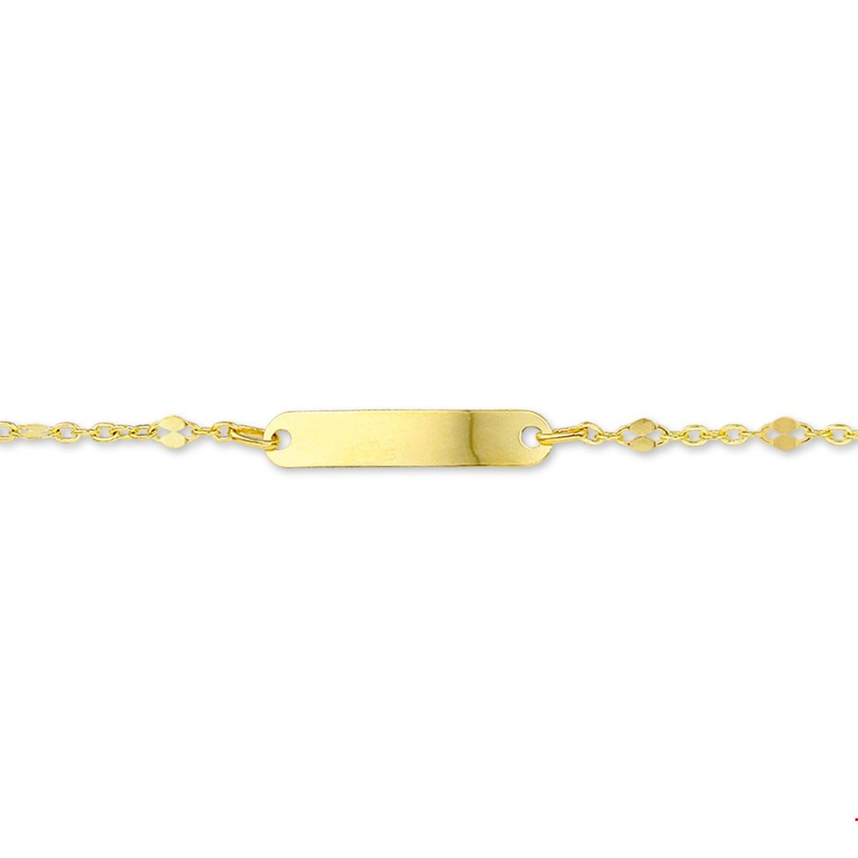 Beschrijving: Geelgouden graveerarmband. De lengte van de armband bedraagt 9cm met 2cm extensie. 
Uniekenummer serie: 29519
Verpakt per: 1
Doelgroep: kinderen
Breedte: 4 mm
Kortste lengte: 11 mm
Langste lengte: 13 mm
Hoogte: 20 mm