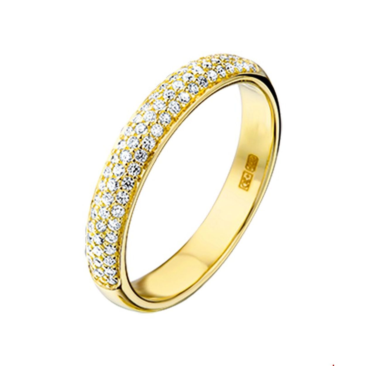 Beschrijving: Geelgouden ring met diamant. 
Uniekenummer serie: 26731
Verpakt per: 1
Doelgroep: dames
Ringmaat: 16.50 mm (52)
Breedte: 3.5 mm
Zetting: pave