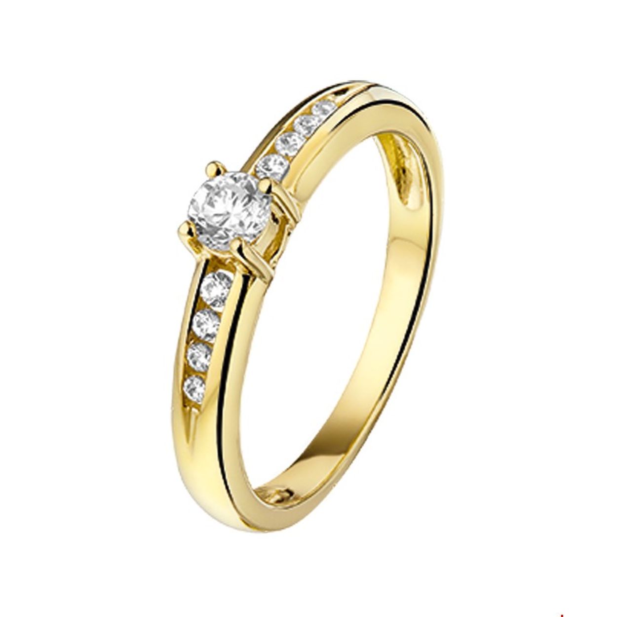 Beschrijving: Geelgouden ring met zirkonia. 
Uniekenummer serie: 26684
Verpakt per: 1
Doelgroep: dames
Ringmaat: 18.00 mm (57)
Breedte: 4 mm
Zetting: entourage (rijzetting)