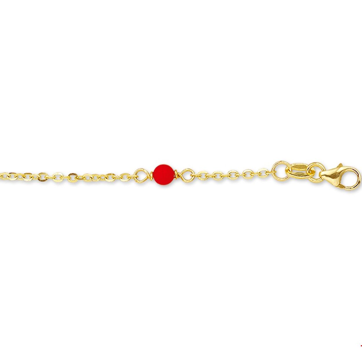 Geelgouden armband met bloedkoraal. De lengte bedraagt 11cm met 2cm extensie. 
Doelgroep: kinderen
Breedte: 3.5 mm
Kortste lengte: 11 cm
Langste lengte: 13 cm