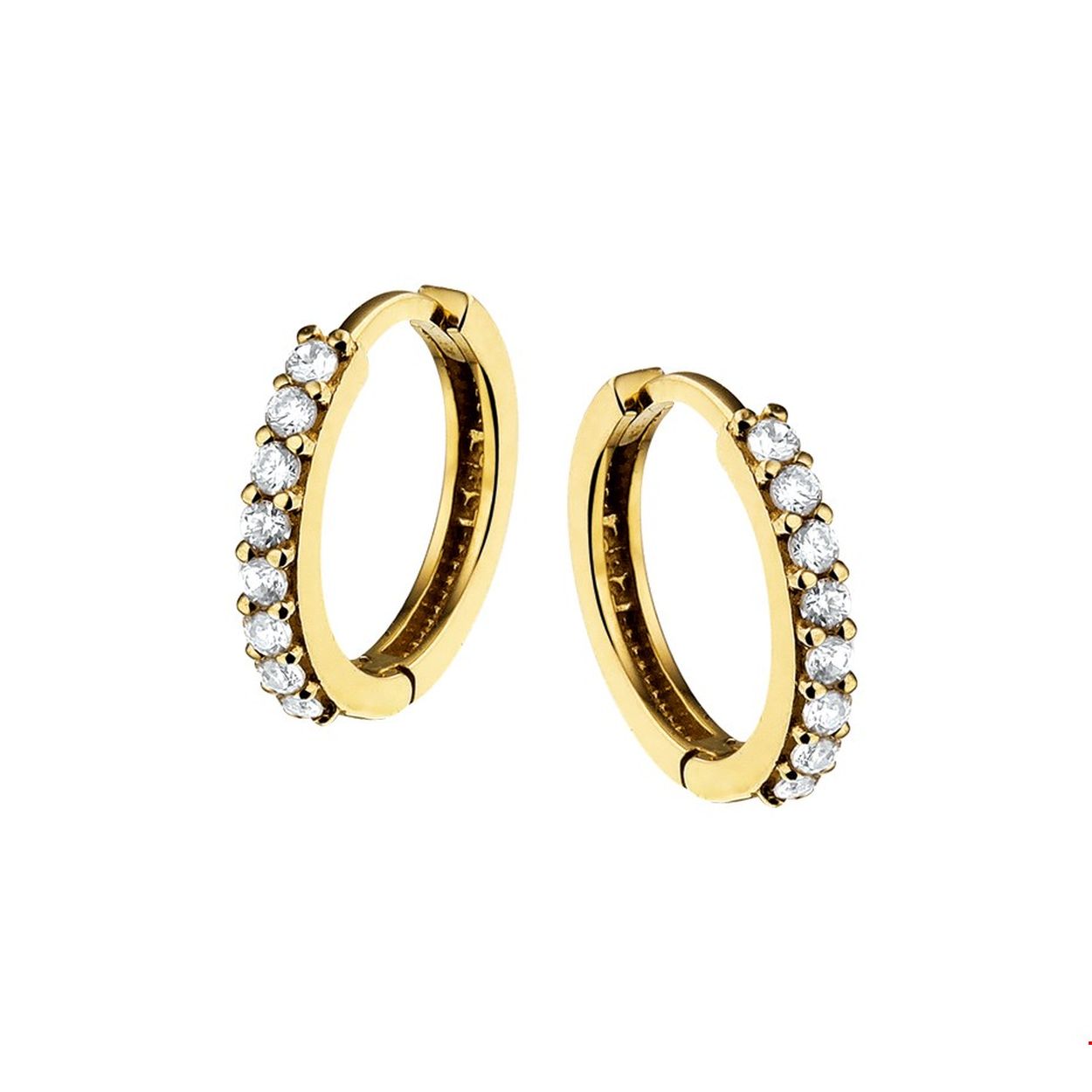 Beschrijving: Mooi in hun eenvoud. Combineer met andere sieraden voor een spannend samenspel of draag enkel deze klapcreolen voor een subtiele en elegante look. Details: Geelgouden klapcreolen met een luxe rijzetting van briljant geslepen zirkonia met een afmeting van 13.2x1.7mm. 
Doelgroep: dames
Breedte: 1.7 mm
Zetting: alliance (rijzetting)