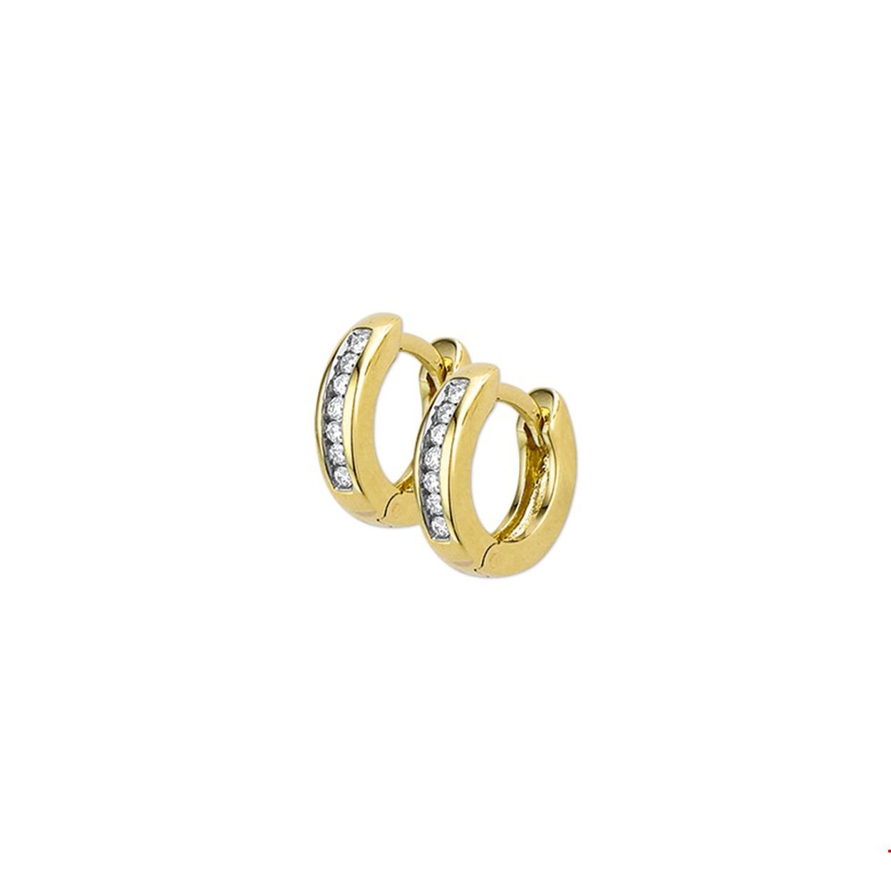 Beschrijving: Geelgouden klapcreolen met diamant. 
Uniekenummer serie: 26829
Verpakt per: 1
Doelgroep: dames
Breedte: 3 mm
Zetting: alliance (rail zetting)