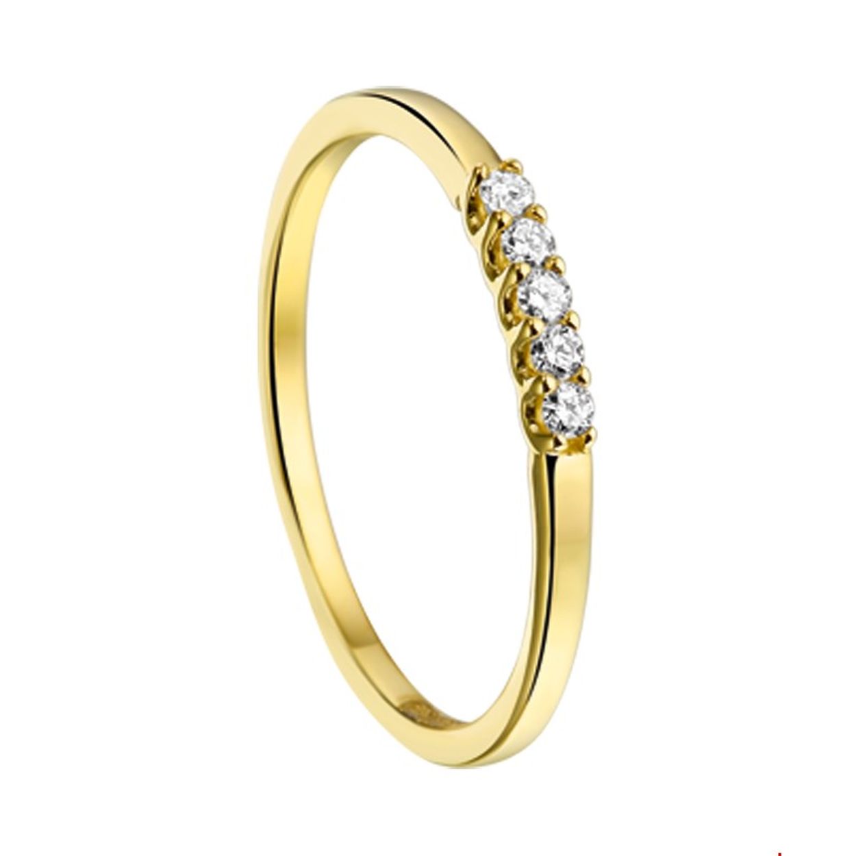 Beschrijving: Geelgouden ring met diamant. 
Doelgroep: dames
Ringmaat: 17.00 mm (53)
Breedte: 2 mm
Zetting: alliance (rijzetting)