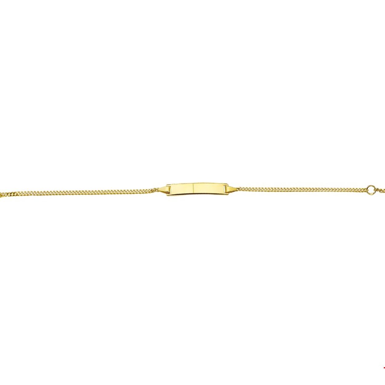 Beschrijving: Geelgouden graveerarmband met een poli afwerking. De lengte van de armband bedraagt 16cm met 2cm extensie. 
Uniekenummer serie: 27552
Verpakt per: 1
Doelgroep: meisjes
Breedte: 25 mm
Kortste lengte: 16 mm
Langste lengte: 18 mm
Hoogte: 5 mm