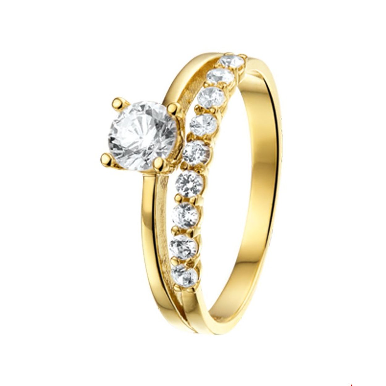 Beschrijving: Glam up your outfit! Deze ring met zirkonia sprankelt je tegemoet en geeft je look direct een chique uitstraling. Details: Geelgouden ring met zirkonia. De ring is onderdeel van een set. 
Uniekenummer serie: 26681
Verpakt per: 1
Doelgroep: dames
Ringmaat: 17.75 mm (56)
Breedte: 6.5 mm
Zetting: entourage (rijzetting)