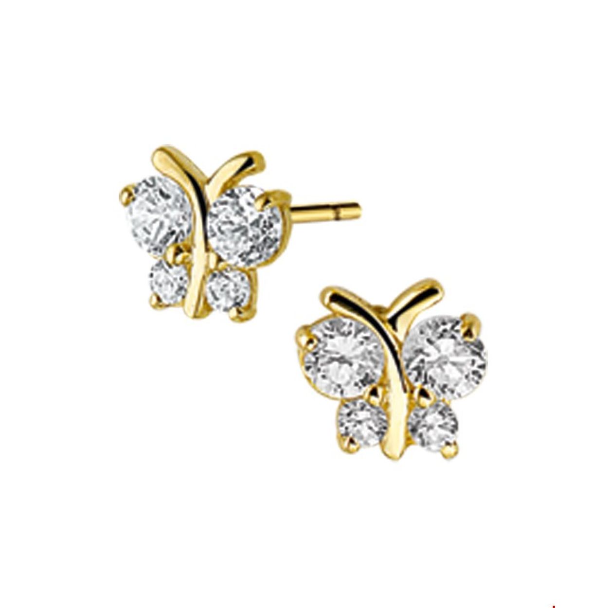 Geelgouden oorknoppen met een vlinder en zirkonia. 
Breedte: 5.5 mm
Hoogte: 5.5 mm