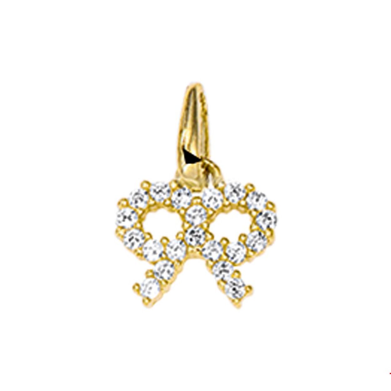 Beschrijving: Geelgouden hanger met een strik van zirkonia. 
Verpakt per: 1
Doelgroep: dames
Breedte: 7.5 mm
Hoogte: 7.5 mm