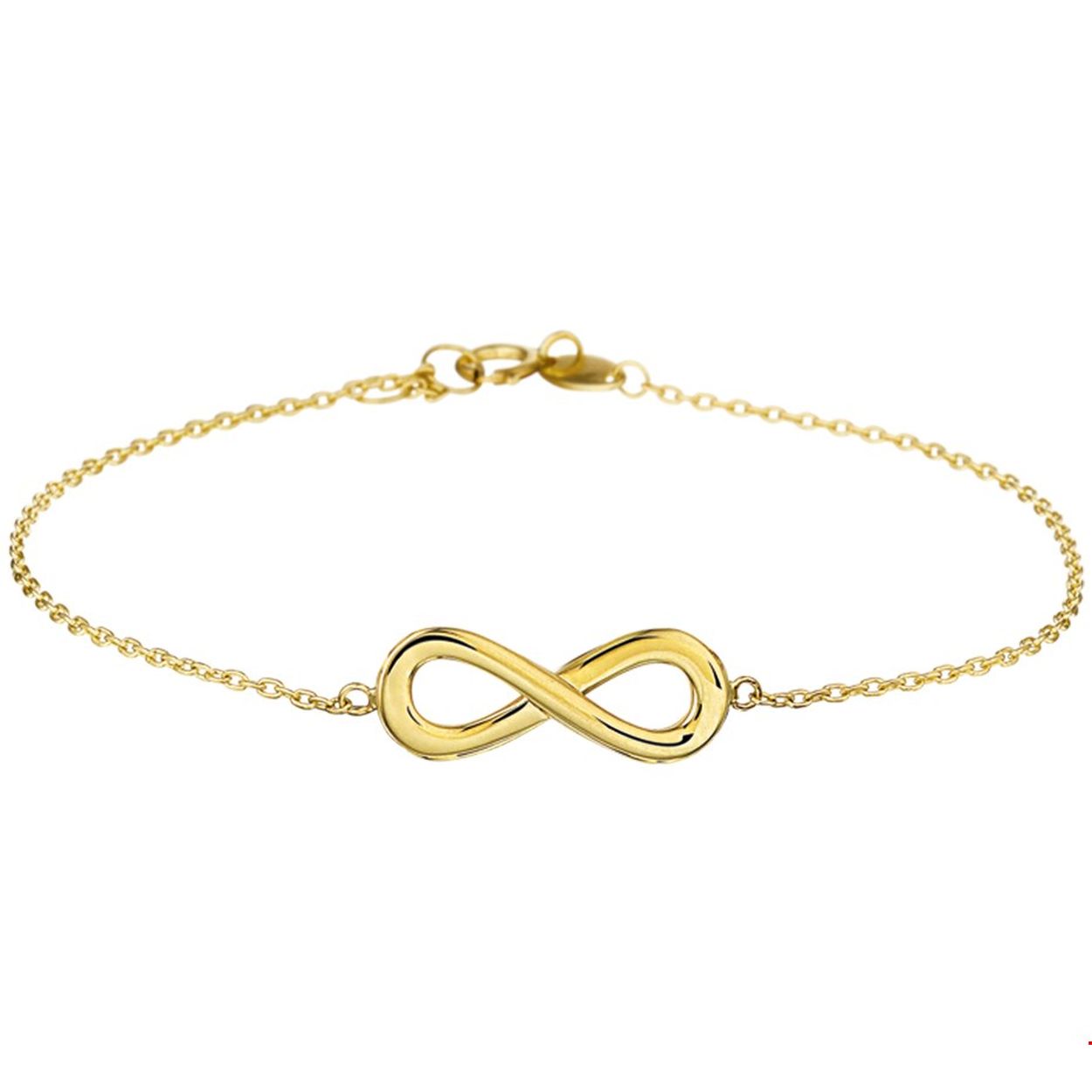 Beschrijving: Infinity is het symbool van nu. Dit fijne armbandje kan daarom echt niet ontbreken in jouw sieraden-stash! Details: Geelgouden armband met een infinity teken. De lengte van de armband bedraagt 17.5cm met 1cm extensie. De schakelbreedte bedraagt 1.0mm. De armband is onderdeel van een set. 
Verpakt per: 1
Doelgroep: dames
Breedte: 7 mm
Kortste lengte: 17.5 mm
Langste lengte: 18.5 mm
Hoogte: 19 mm