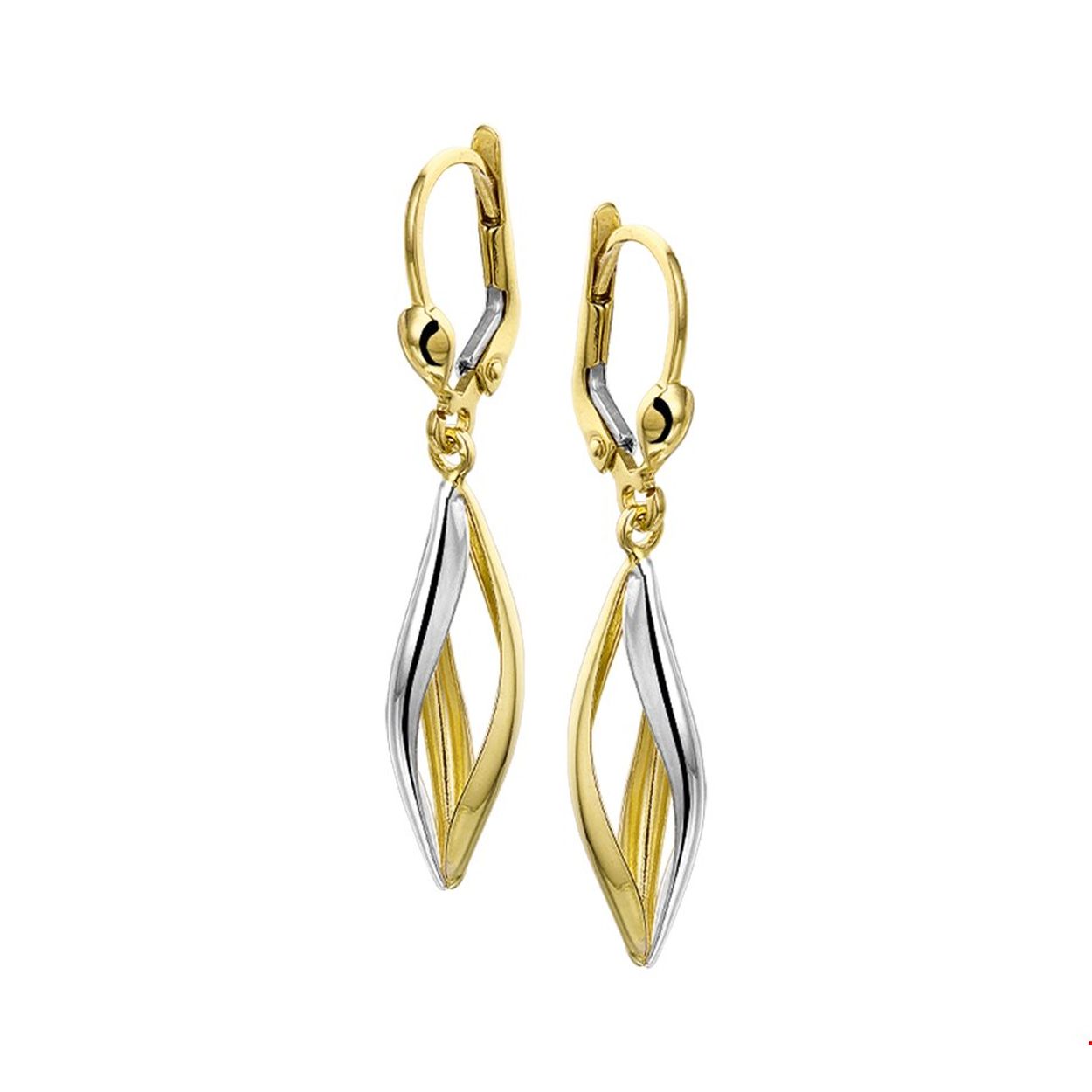 Bicolor wit- en geelgouden oorhangers. 
Breedte: 7 mm
Hoogte: 40 mm