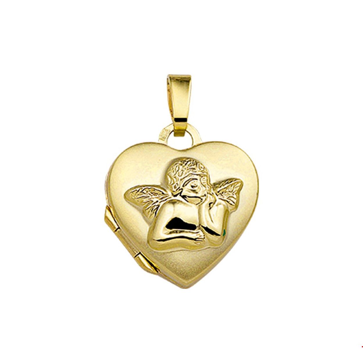 14k gouden medallion in vorm van een hart met cupido afbeelding.