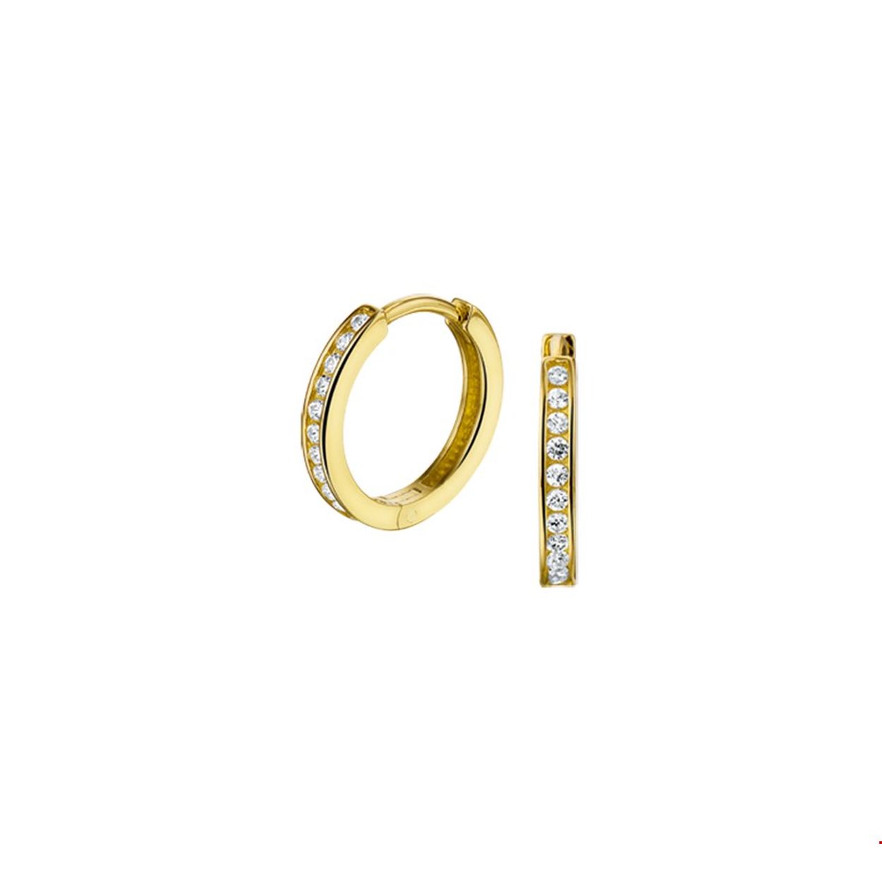 Gouden klapoorringen zirkonia. 14.5mm
Zetting: alliance (span zetting)