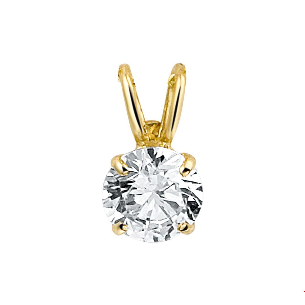 Beschrijving: Geelgouden hanger met zirkonia. 
Verpakt per: 1
Doelgroep: dames
Breedte: 5 mm
Hoogte: 9 mm
Zetting: solitaire (chatonzetting)