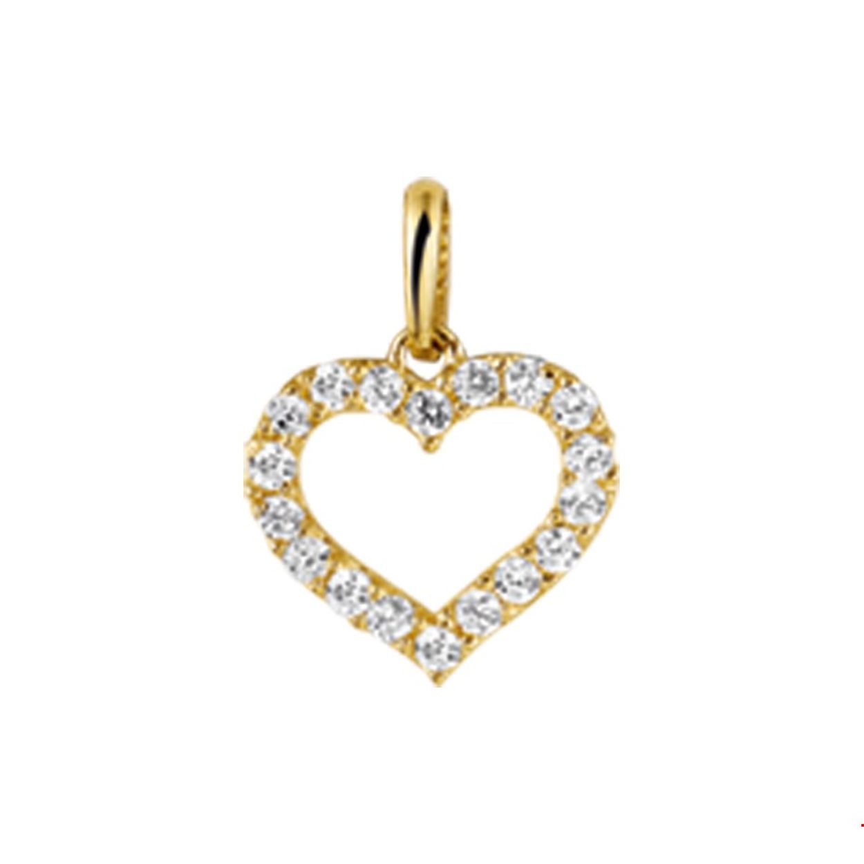 Beschrijving: Geelgouden hanger met een hart van zirkonia. 
Verpakt per: 1
Doelgroep: dames
Breedte: 10.5 mm
Hoogte: 9.5 mm
Zetting: entourage (rijzetting)