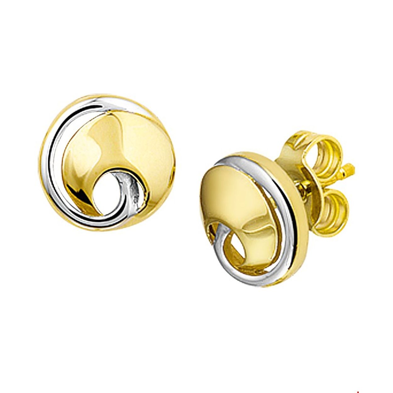 Beschrijving: Bicolor wit- en geelgouden gestifte oorknoppen. 
Verpakt per: 1
Doelgroep: dames