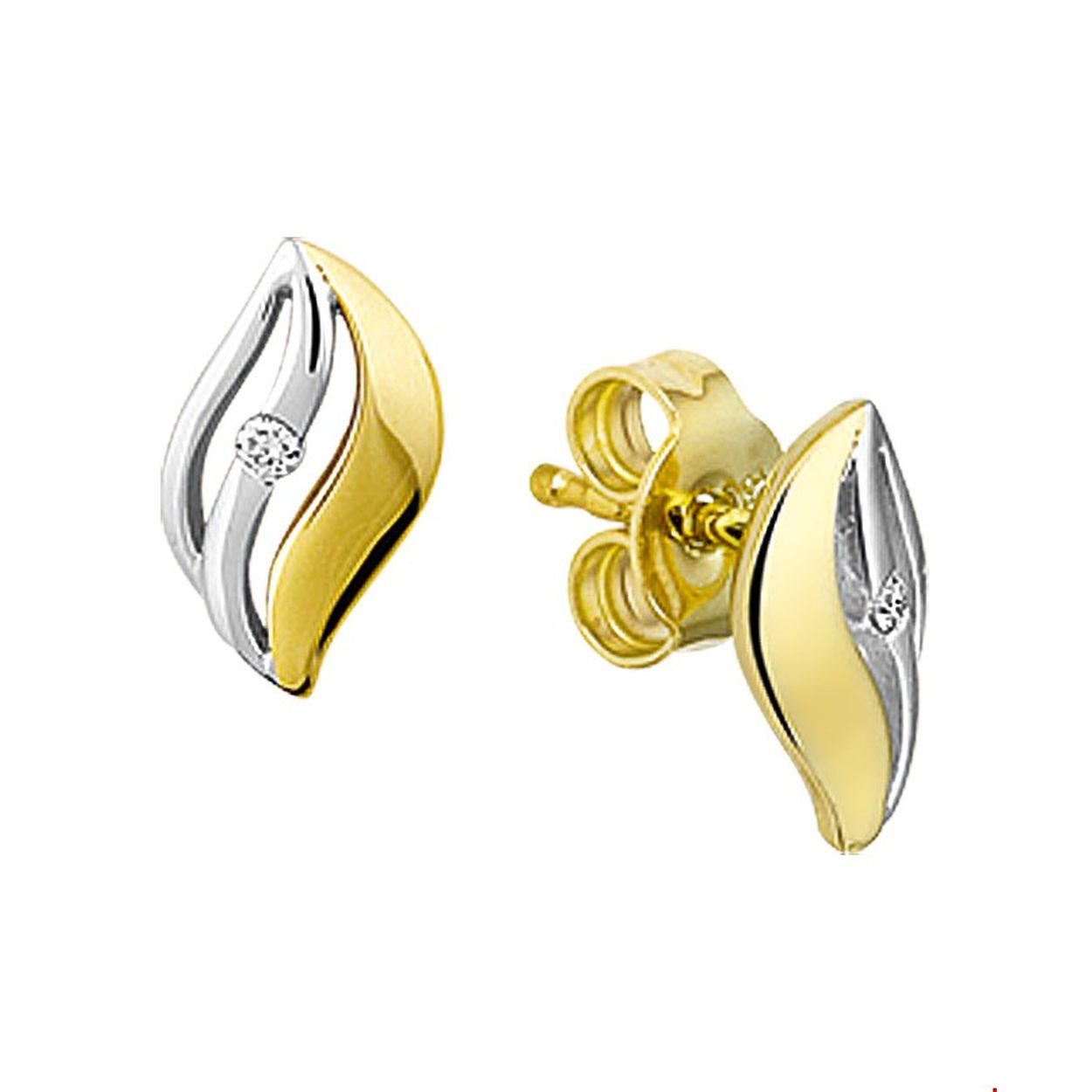 Beschrijving: Bicolor wit- en geelgouden gestifte oorknoppen met diamant. 

Breedte: 6 mm
Hoogte: 10 mm