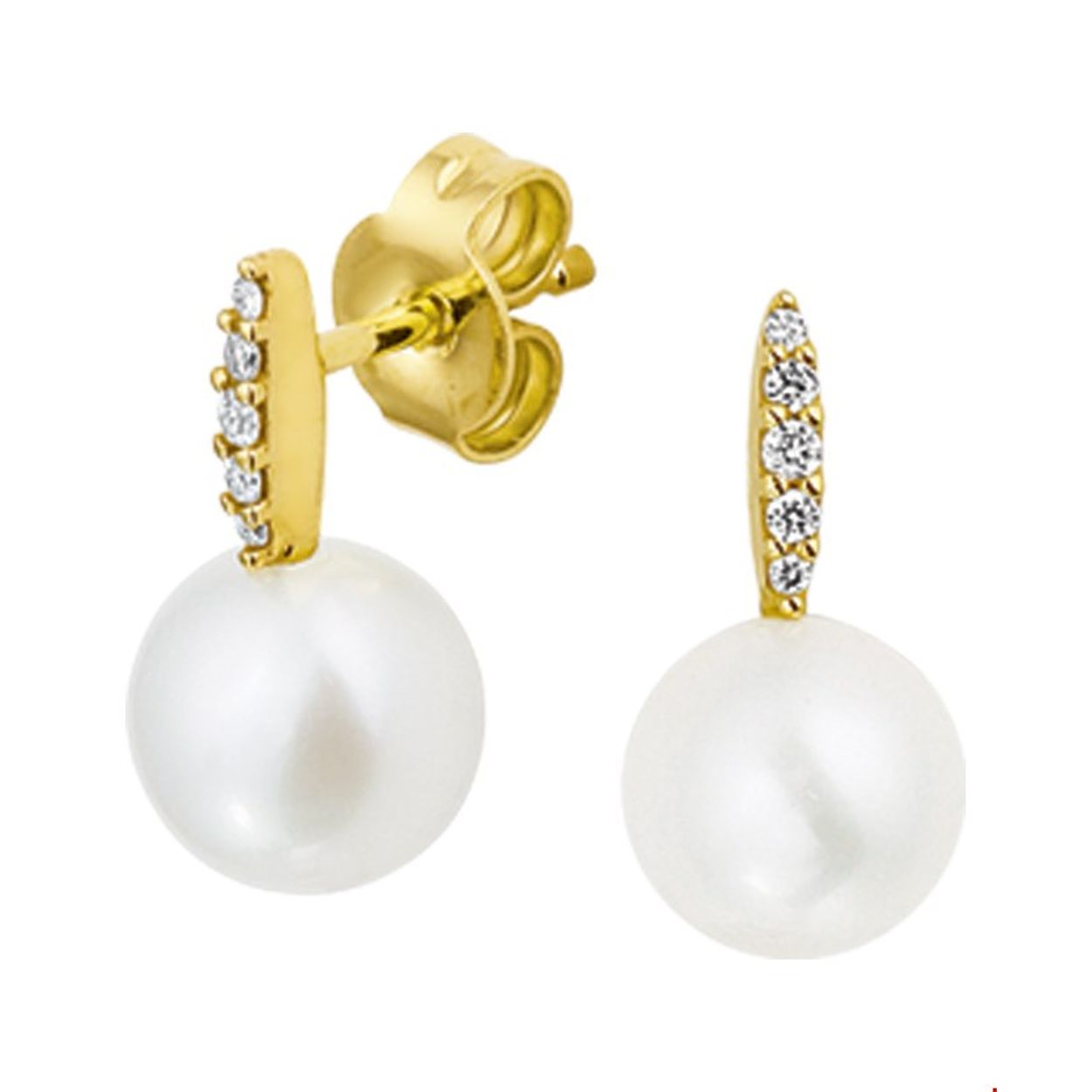 Beschrijving: Geelgouden oorknoppen met zoetwaterparel en diamant. 
Verpakt per: 1
Doelgroep: dames
Breedte: 7 mm
Hoogte: 14 mm