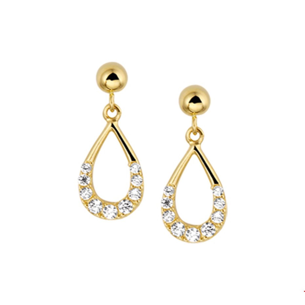 14 karaat gouden oorknop met zirkonia.
 Breedte: 6.5 mm, Hoogte: 16 mm, Zetting: entourage (rijzetting)
