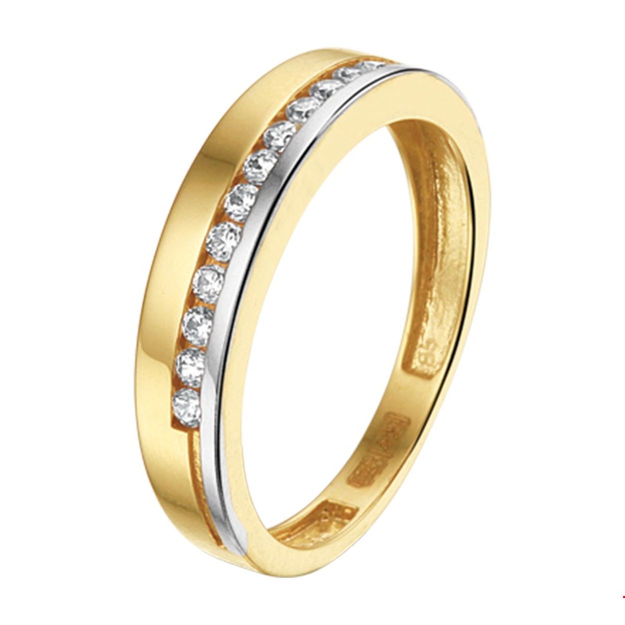 Beschrijving: Geelgouden ring met zirkonia. 
Uniekenummer serie: 34605
Verpakt per: 1
Doelgroep: dames
Ringmaat: 17.75 mm (56)
Breedte: 4 mm