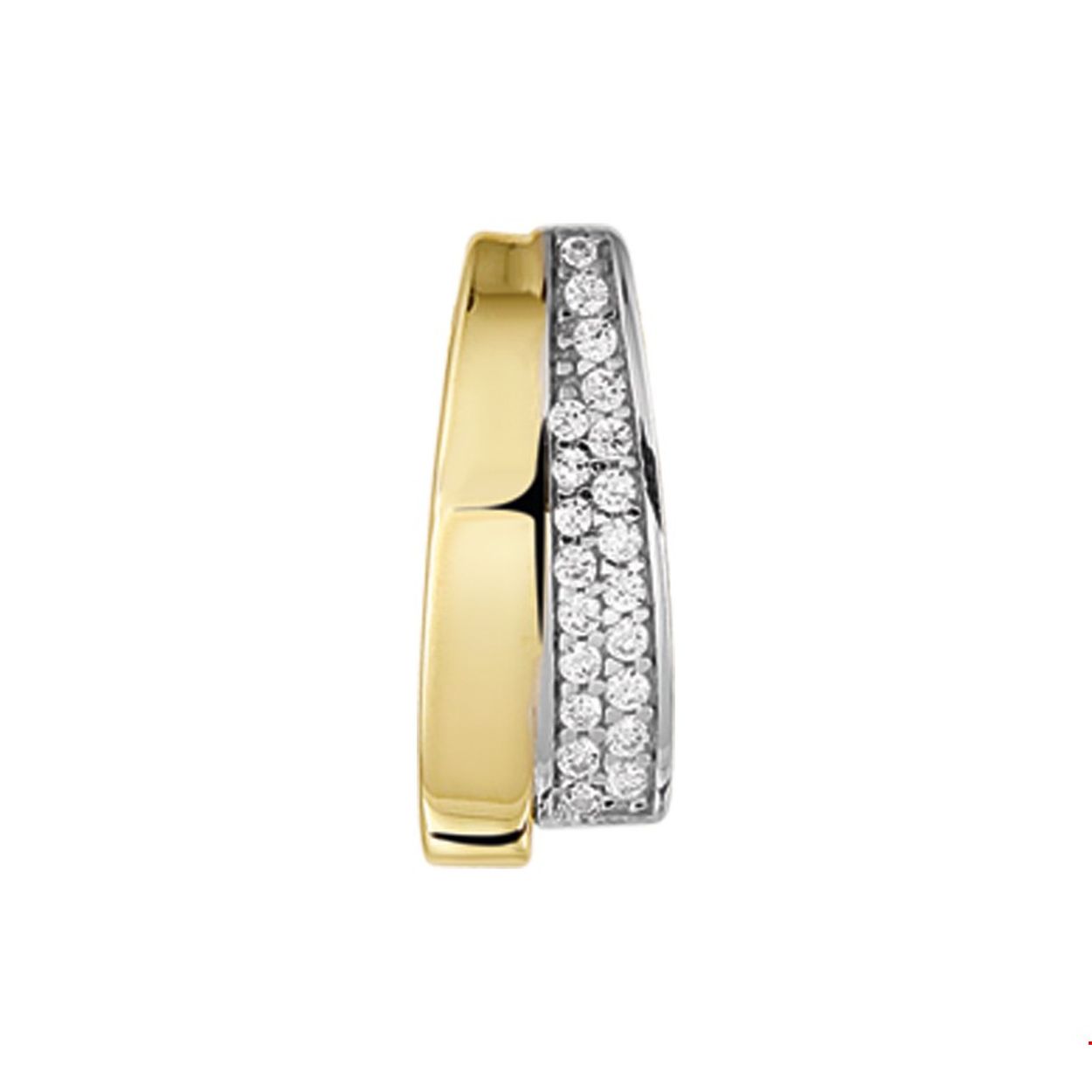 Chique geel met witgouden gestifte hanger van 16.5x6.5mm uitgevoerd met een luxe pave van briljant geslepen zirkonia.
Breedte: 0.65 mm
Hoogte: 16.5 mm