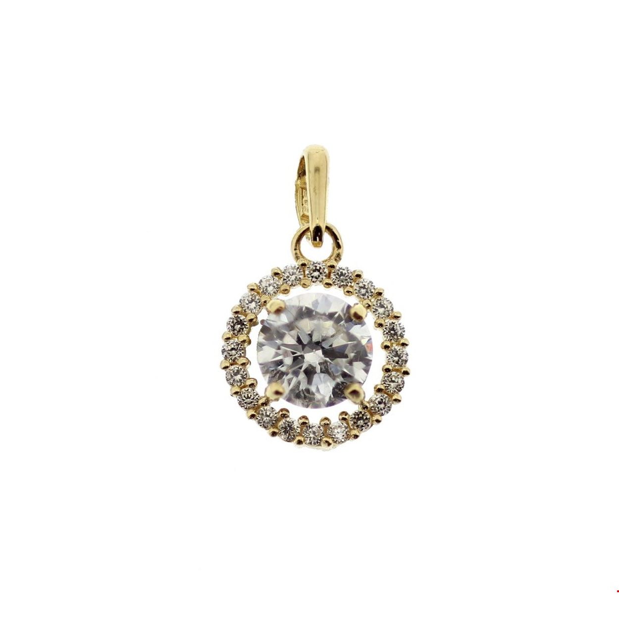 Beschrijving: Geelgouden hanger met een rozet van zirkonia. 
Verpakt per: 1
Doelgroep: dames
Breedte: 8 mm
Zetting: entourage (rijzetting)