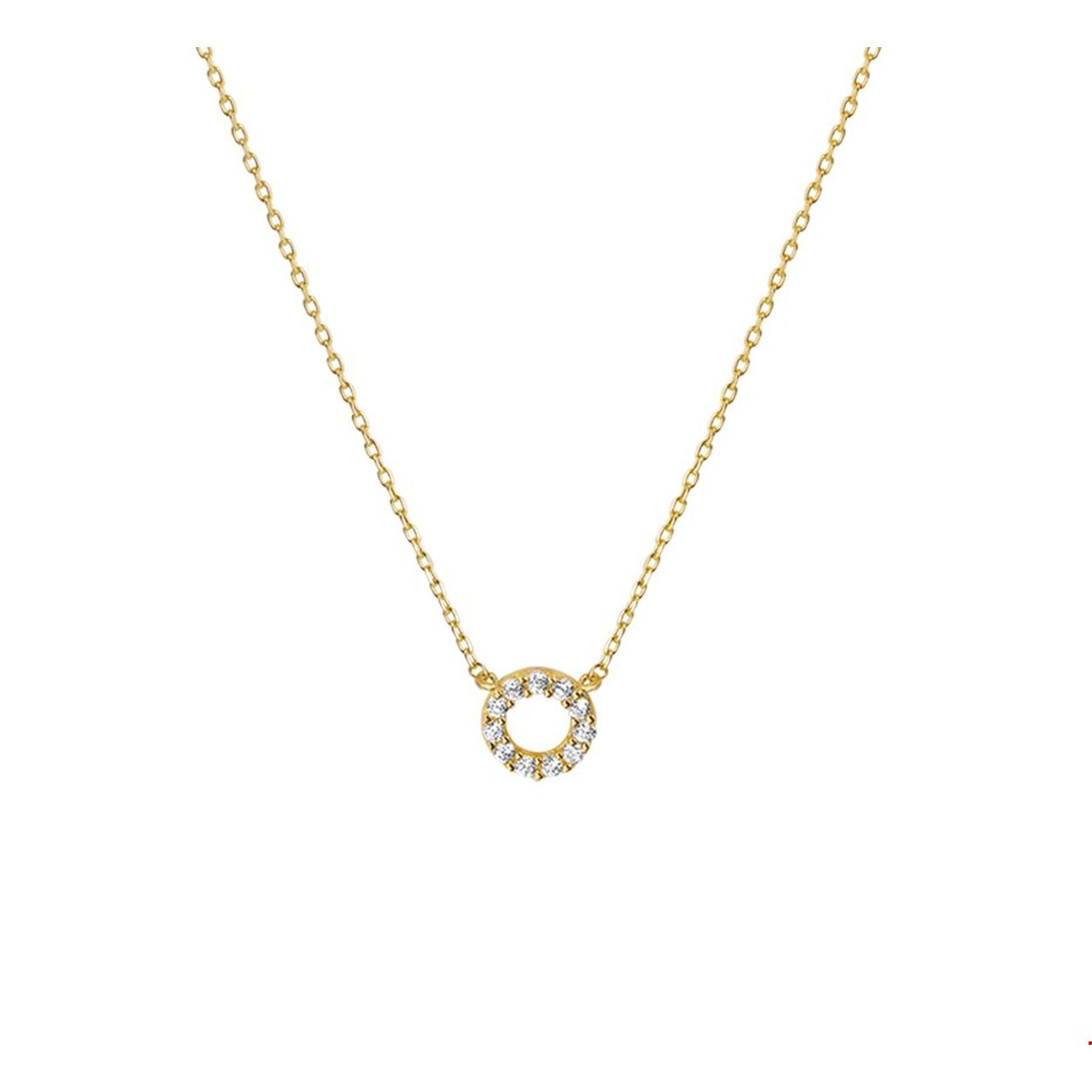 Geelgouden collier met zirkonia. De lengte bedraagt 40cm met 4cm extensie en de schakelbreedte is 0.8mm. 
Doelgroep: dames
Breedte: 0.8 mm
Kortste lengte: 40 cm
Langste lengte: 44 cm
Zetting: entourage (rijzetting)