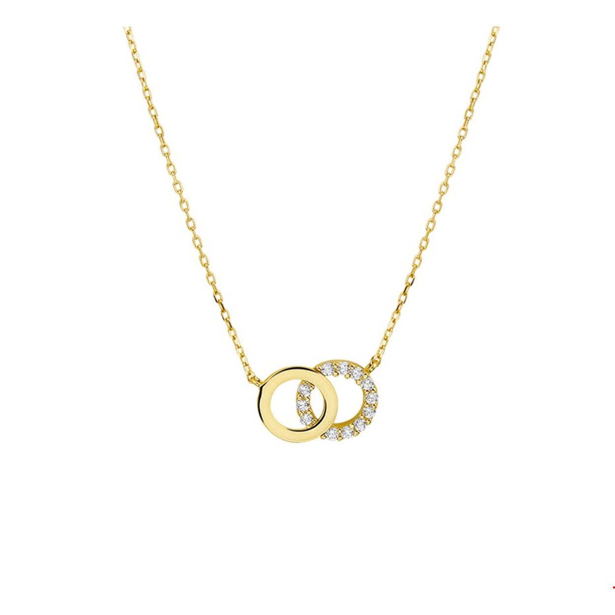 14krt geelgouden collier met twee rondjes met zirkonia. De lengte bedraagt 40cm met 4cm extensie en de schakelbreedte is 0.8mm. De rondjes hebben een totale grootte van 7,5x11mm.