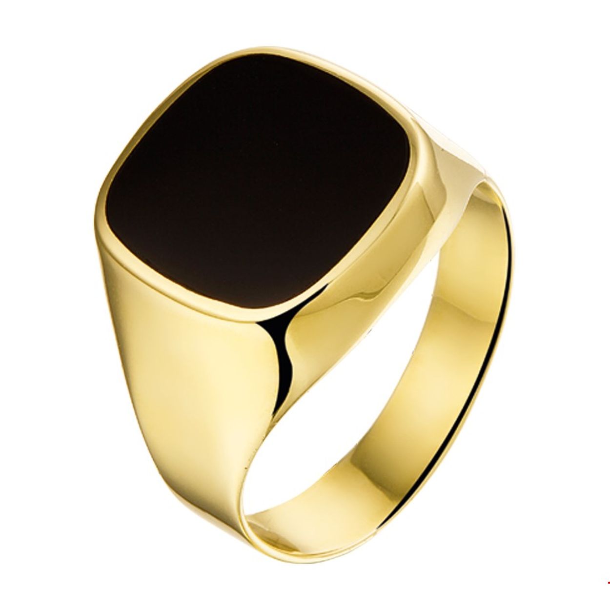 Geelgouden zegelring met zwart onyx.

Ringmaat: 20.50 mm
Breedte: 15 mm
Hoogte: 17 mm