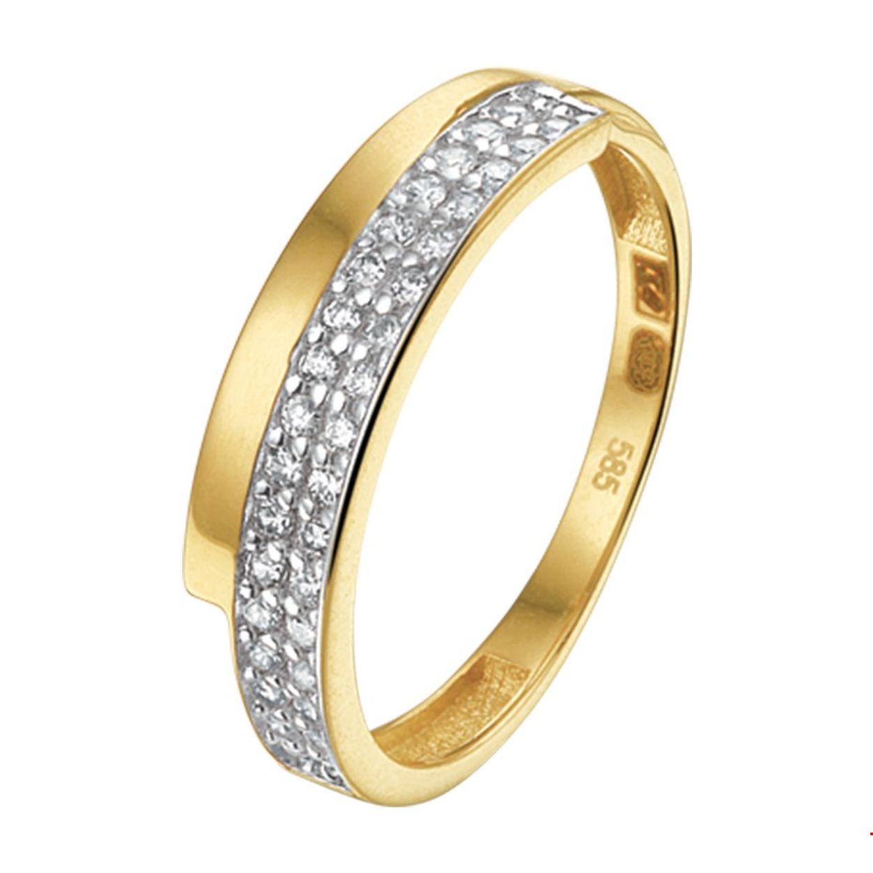 Chique bicolor geel en witgoud gestifte 4.5mm brede ring uitgevoerd met een luxe rijzetting van briljant geslepen zirkonia. De ring heeft een uitermate stijlvol design waarbij de dubbele rijzetting van zirkonia stenen zorgen dat dit sieraad opvalt. Een echter eyecatcher dus!. Make yourself shine!.