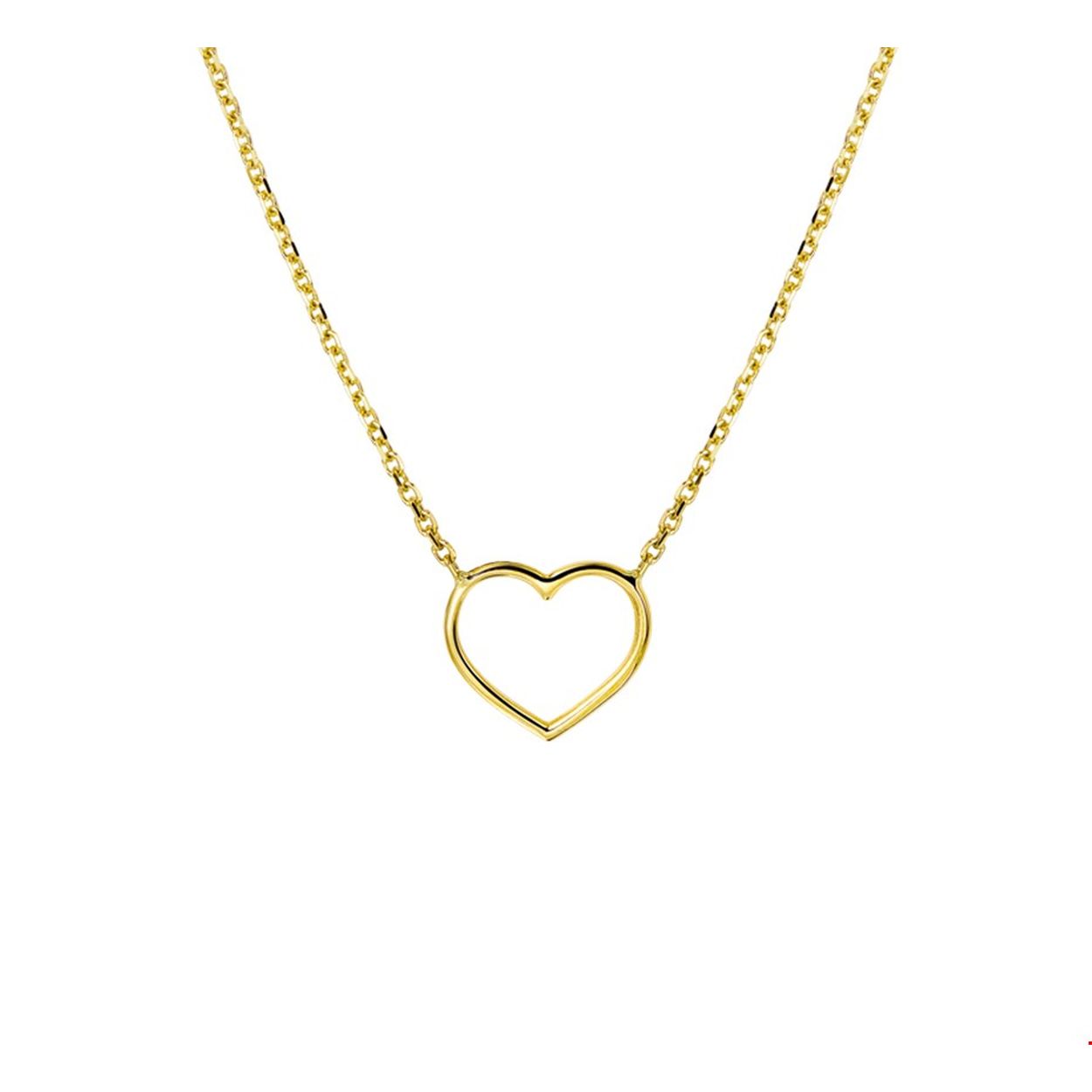 Geelgouden collier met een open hart. De lengte bedraagt 42cm met 2cm extensie. Breedte: 11.5 mm
Kortste lengte: 42 mm
Langste lengte: 44 mm
Hoogte: 10 mm