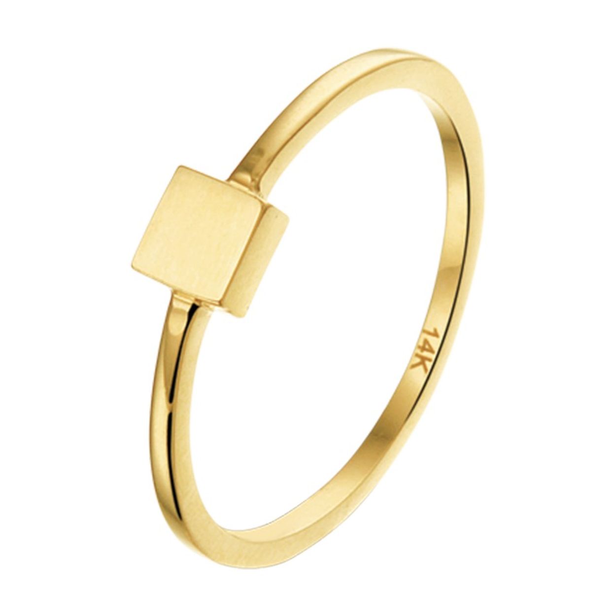 Trendy geelgouden ring met vierkant. De vierkant heeft een afmeting van 4x4mm met een poli afwerking. 
Uniekenummer serie: 34717
Doelgroep: dames
Ringmaat: 17.00 mm (53)
Breedte: 4 mm
