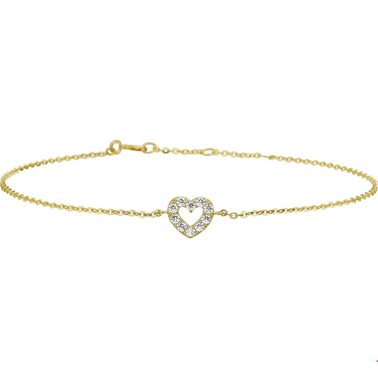 Beschrijving: Schattig geelgouden anker armband met lengtes van 16.5cm en 18.5cm. Het hart is uitgevoerd met een schitternde rijzetting van zirkonia en heeft een afmeting van 6.5 x 7.5mm.  De fijne anker schakel heeft een breedte van 1.1mm. Perfect te combineren met bijpassende sieraden uit onze collectie om zo een schattige set te maken. Tip: Leuk om kado te geven aan je geliefde of dierbaren met hartjes laat je zien dat je van ze houdt!
Verpakt per: 1
Doelgroep: dames
Kortste lengte: 16.5 mm
Langste lengte: 18.5 mm