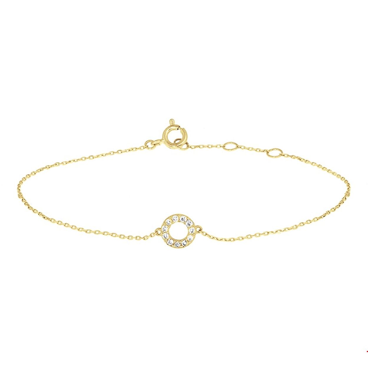14k Geelgouden armband met een rondje van 6.5mm en een luxe rijzetting van briljant geslepen zirkonia. Deze armband heeft draaglengtes van 16.5, 17.5 en 18.5cm en een stevige veerring sluiting. De schakelbreedte is 0.8mm.