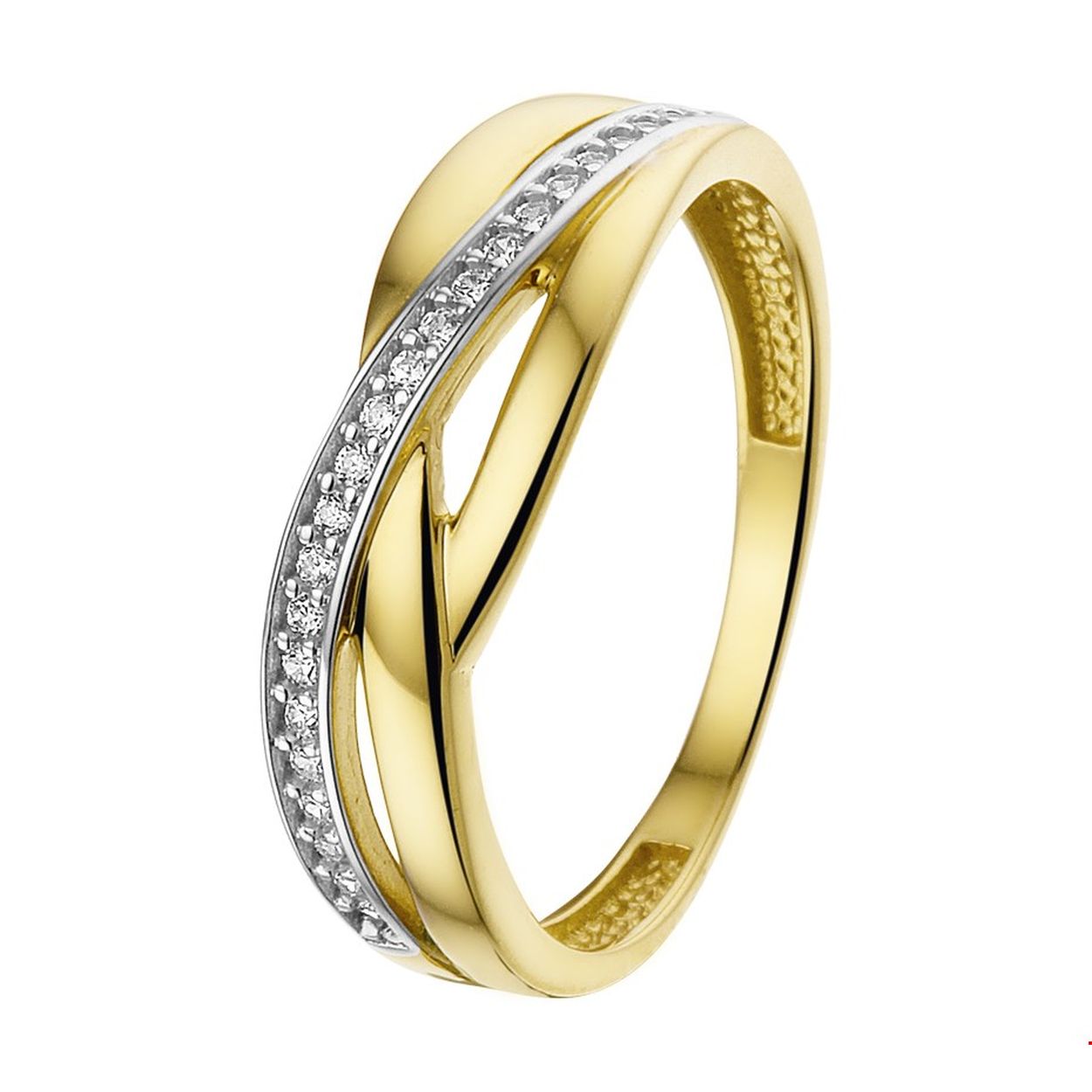Stijlvolle elegante bicolor damesring met een rijzetting van zirkonia. De ring heeft een breedte van 6.5mm. Perfect voor een avondje in stijl! Tip: Combineer deze ring met bijpassende sieraden uit onze collectie en maak zo een zeer stijlvolle set!.