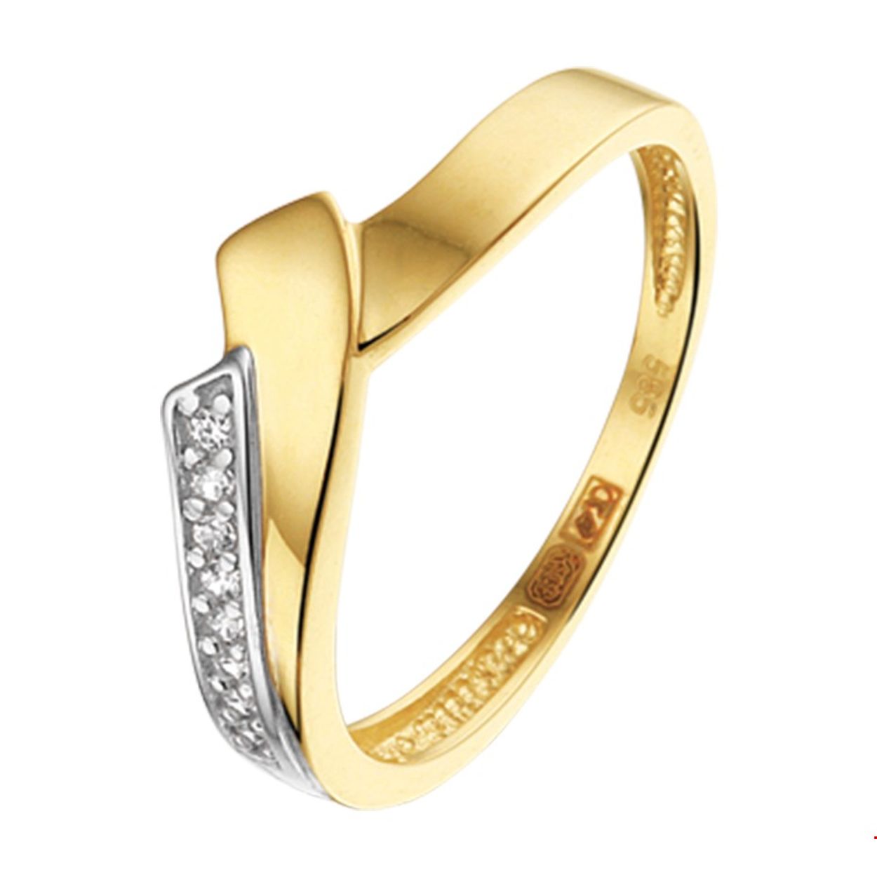 Ring zirkonia bicolor geel- en witgoud gestift.