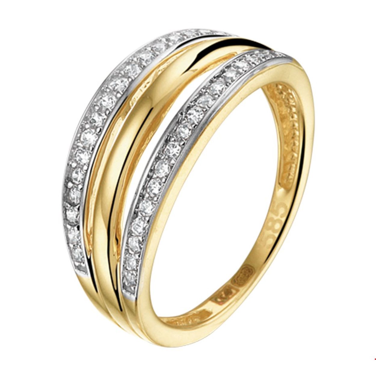 Ring zirkonia bicolor geel- en witgoud gestift.