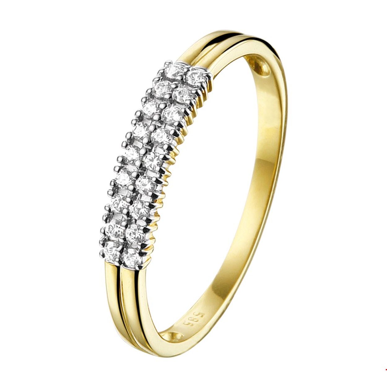 Chique bicolor geel en witgoud gestifte 3mm brede ring uitgevoerd met een luxe rijzetting van briljant geslepen zirkonia. De dubbele rijzetting van zirkonia stenen geven je outfit en flink portie glamour!. Make yourself shine!