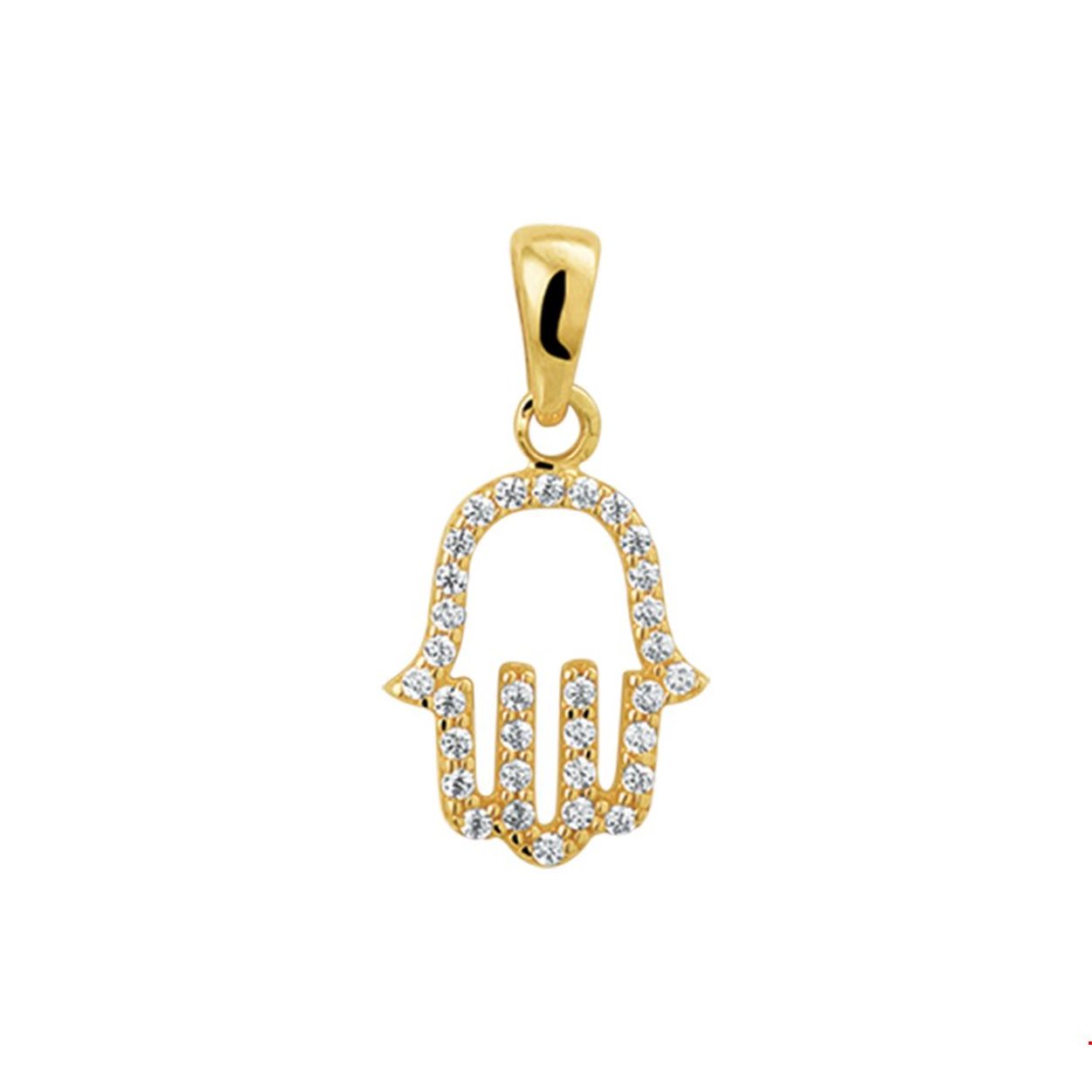Deze 14k geelgouden Hamsa hand hanger is uitgevoerd met een luxe rijzetting van briljant geslepen zirkonia. 