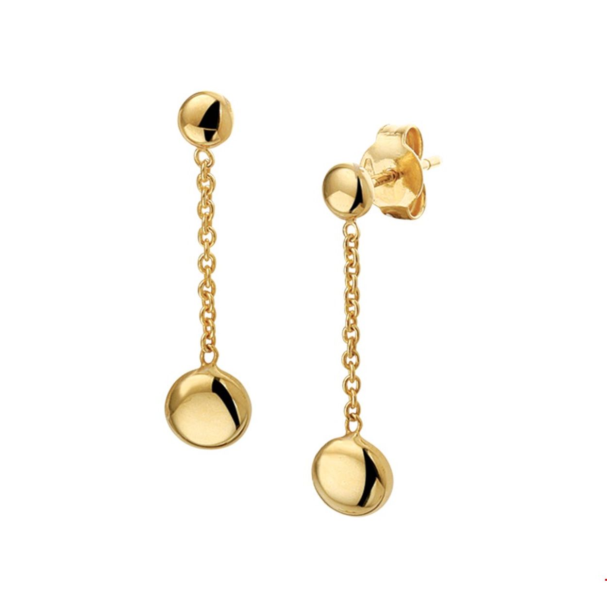 Beschrijving: Trendy geelgouden oorhangers uitgevoerd met rondjes van 6mm in diameter. De oorhangers hebben een lengte van 2.5cm en de rondjes zijn verbonden met elkaar door een anker schakel. 
Doelgroep: dames
Hoogte: 25 mm