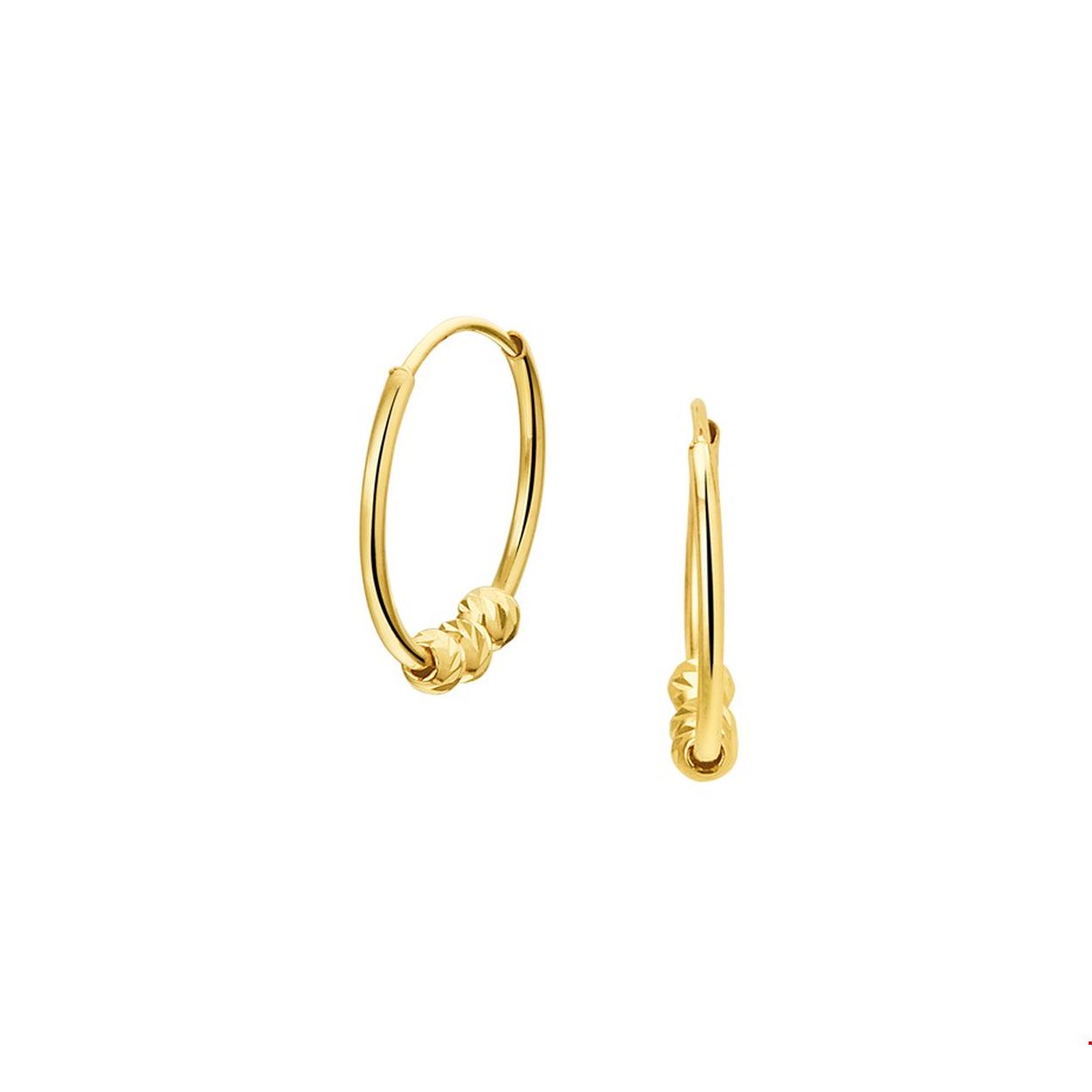 Geelgouden oorringen met een afmeting van 11x0.8mm uitgevoerd met 3 bolletjes van 2.2mm.
